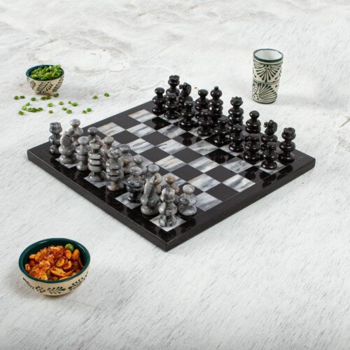 11 Inch Hand Carved Marble Chess Set Mexico, 'Sophisticate'