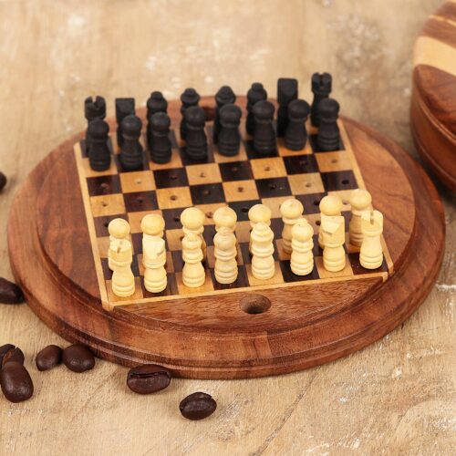 Acacia and Ebony Wood Mini Chess Set, 'Meeting of the Minds'