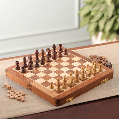 Acacia Wood Chess Set and Backgammon Board Game, 'Challenge for Two'