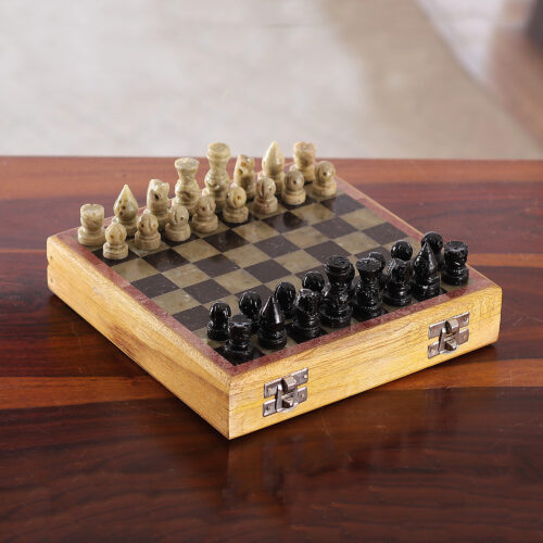 Artisan-Made Soapstone and Kadam Wood Chess Set from India, 'Royal Epic'
