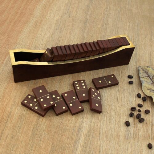 Beech Wood Classic Domino Set with Mango Wood Holder, 'Classic Entertainment'