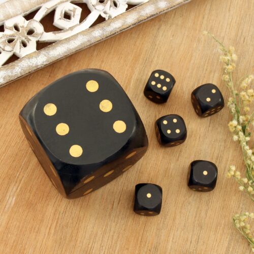 Black Mango Wood with Brass Dots Decorative Box and Dice Set, 'Elegant Dice'