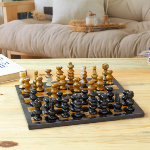 Brown and Black Marble Chess Set Crafted in Mexico, 'Earthen Challenge'