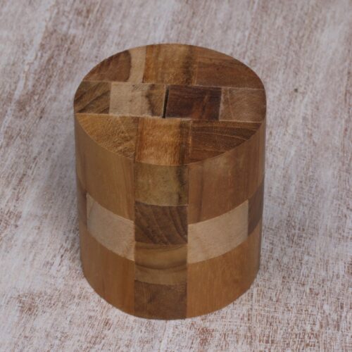 Challenging 3-D Puzzle Artwork Handcrafted of Teak Wood, 'Forest Cylinder'