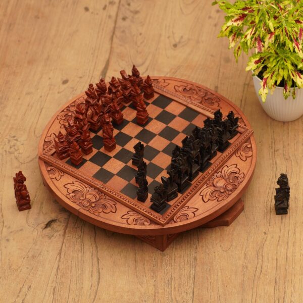 Circular Wood Travel Chess Set Crafted in Bali, 'Travel Tactics'