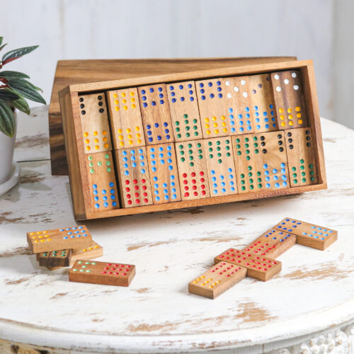 Colorful Rain Tree Wood Domino Set Game from Thailand, 'Colorful Dominoes'