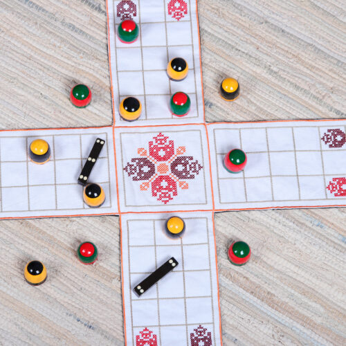 Embroidered White Cotton Chopad Game with Classic Details, 'India's Morning Challenge'