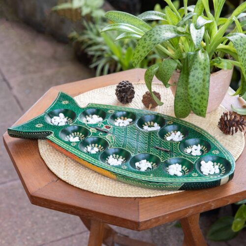 Foldable Fish-Shaped Batik Wood Mancala Board Game Set, 'Swimming Tilapia'