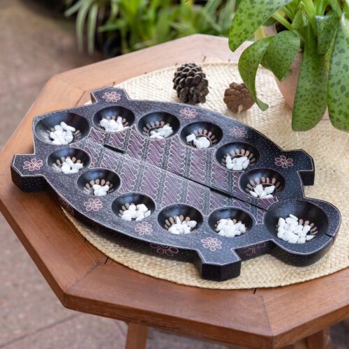 Foldable Turtle-Shaped Batik Wood Mancala Board Game Set, 'Freshwater Turtle'