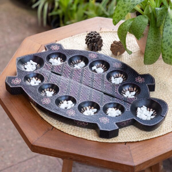 Foldable Turtle-Shaped Batik Wood Mancala Board Game Set, 'Freshwater Turtle'