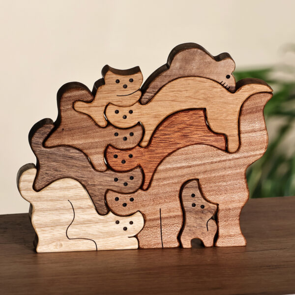 Hand-Carved Cat-Themed 9-Piece Wood Puzzle Made in Armenia, 'Feline Assembly'