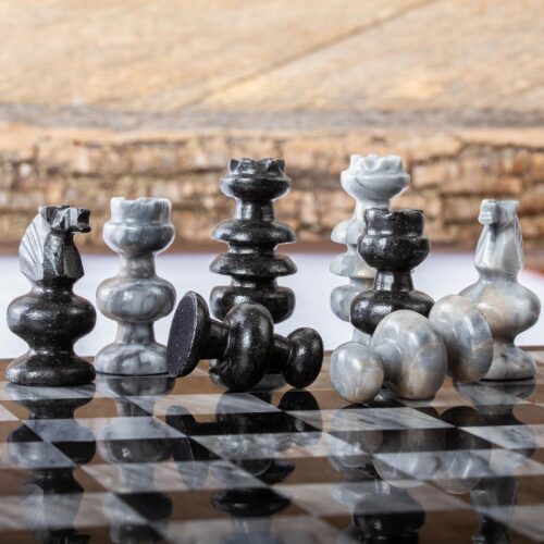 Hand Carved Grey Marble-Black Obsidian Chess Pieces Set, 'Sophisticate'