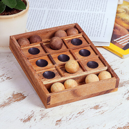 Hand Carved Raintree Wood Tic-Tac-Toe Board Game, 'Lucky Strike'