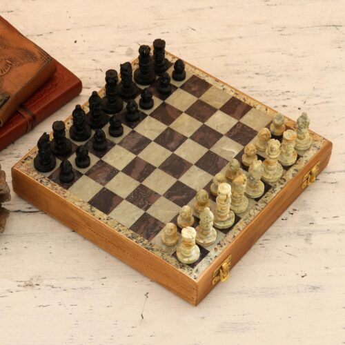 Hand Carved Soapstone Chess Set, 'Mughal Leisure'