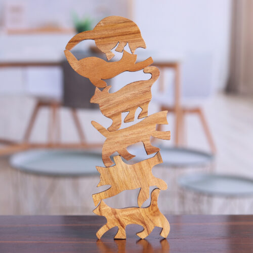 Hand Carved Teak Wood Cat-Themed Stacking Game (6 Pieces), 'Ninja Cats'