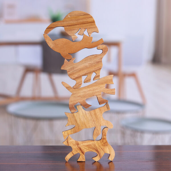 Hand Carved Teak Wood Cat-Themed Stacking Game (6 Pieces), 'Ninja Cats'