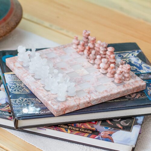 Hand-Carved White Onyx and Pink Marble Chess Set from Mexico, 'Exciting Challenge'
