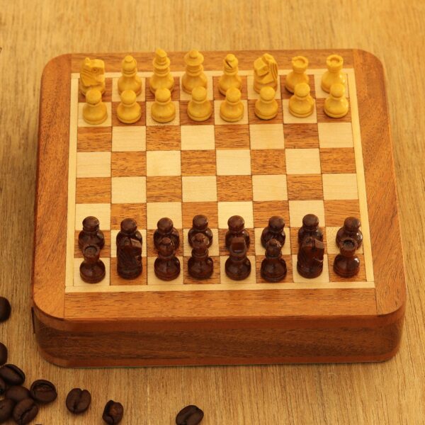 Hand Carved Wood Mini Travel Chess Set, 'Traveling with Royalty'