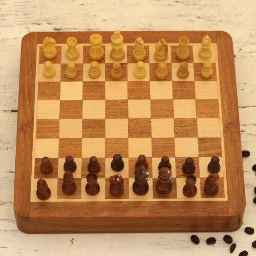 Hand Crafted Acacia and Haldu Wood Chess Set, 'Idle Hours'