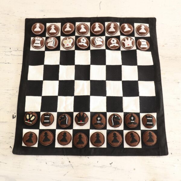 Hand Embroidered Cotton and Suede Chess Set, 'Compact Companion'