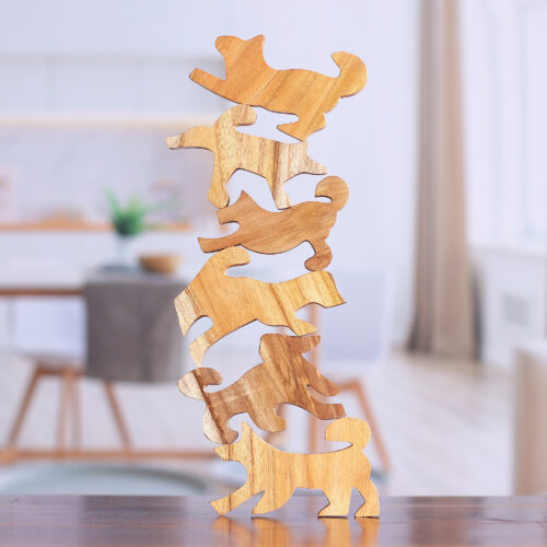 Hand Made Teak Dog-Themed Stacking Game (6 Pieces), 'Ninja Dogs'