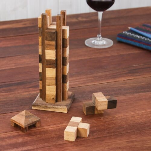 Hand Made Wood Tower Puzzle Game from Thailand, 'Babylon Tower'