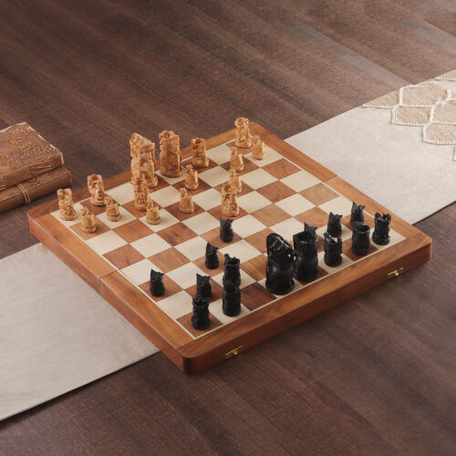 Hand-Painted Brown and Black Wood Chess Set from India, 'Challenge of Kings'