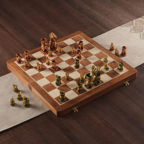 Hand-Painted Red and Green Wood Chess Set from India, 'Challenge of Rajasthan'