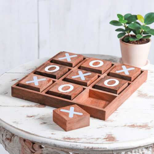 Hand Painted Tic-Tac-Toe Raintree Wood Game from Thailand, 'Simple Strategy'