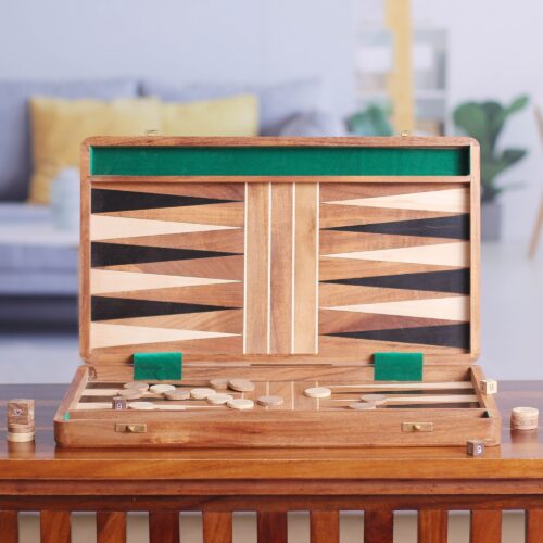 Handcrafted Acacia and Papdi Wood Backgammon Set from India, 'Challenge Time'