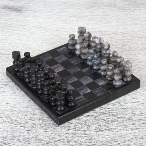 Handcrafted Mini Marble Chess Set in Black and Grey, 'Black and Grey Challenge'