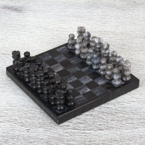 Handcrafted Mini Marble Chess Set in Black and Grey, 'Black and Grey Challenge'