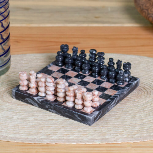Handcrafted Mini Marble Chess Set in Pink and Grey, 'Grey and Pink Challenge'