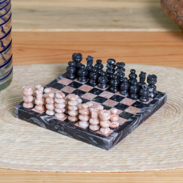 Handcrafted Mini Marble Chess Set in Pink and Grey, 'Grey and Pink Challenge'