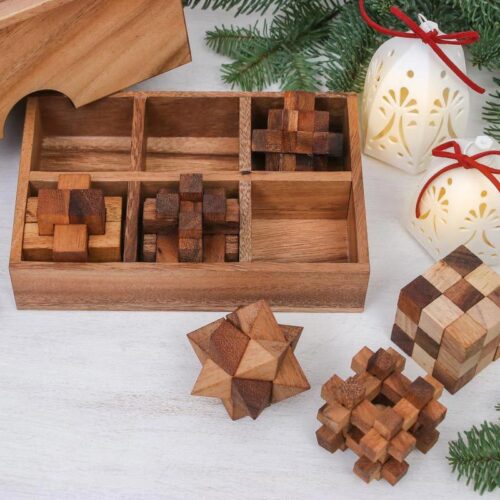 Handcrafted Set of Six Wooden Puzzles from Thailand, 'Puzzle Set'