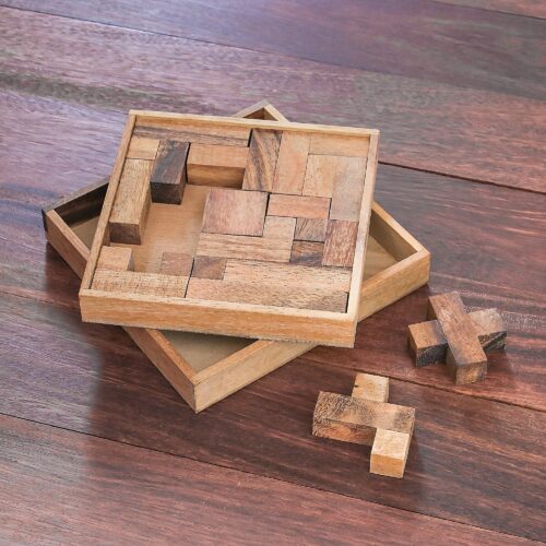 Handcrafted Square Wood Geometric Puzzle from Thailand, 'Geometry Game'