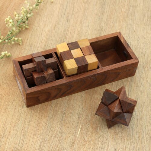 Handcrafted Wood Puzzles (Set of 3) from India, 'Challenging Trio'
