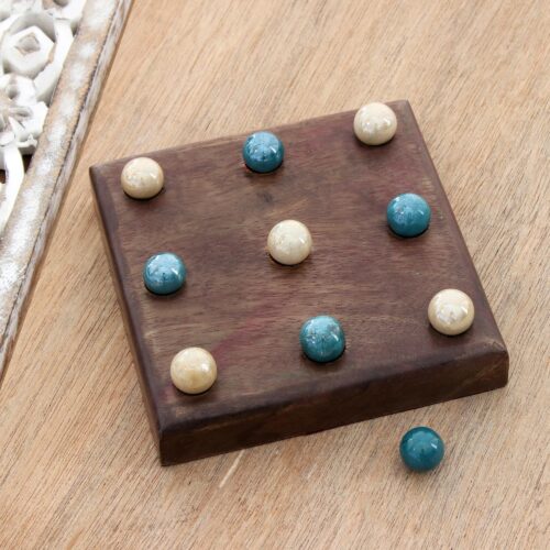 Handmade Mango Wood and Glass Tic-Tac-Toe Game Set, 'Terni Lapilli'
