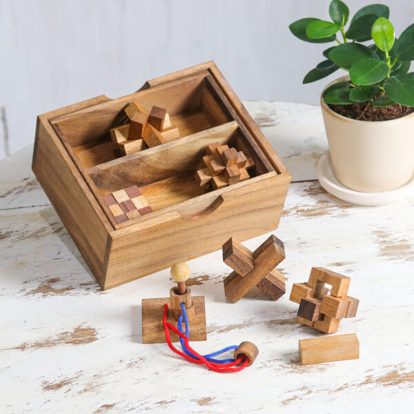 Handmade Set of Six Mini Wooden Puzzles from Thailand, 'Mini Puzzles'
