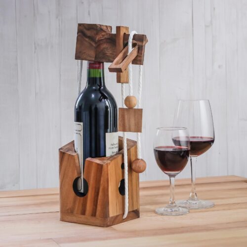 Handmade Wood Bottle Holder and Puzzle from Thailand, 'Open the Bottle'