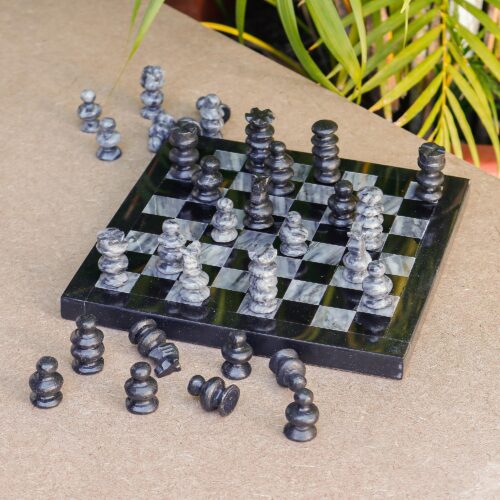 Marble Chess Set in Black and Grey from Mexico (7.5 in.), 'Black and Grey Challenge'