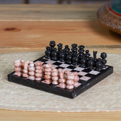 Marble Chess Set in Black and Pink from Mexico, 'Black and Pink Challenge'