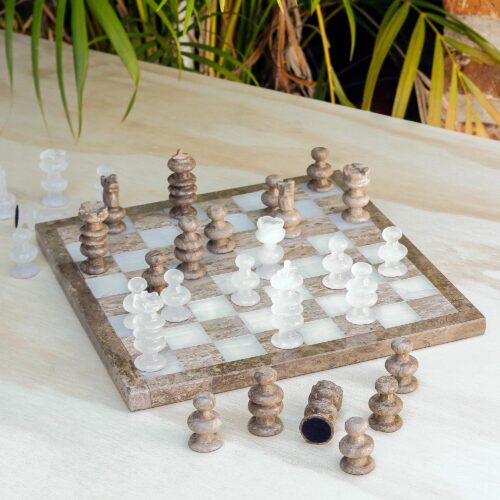 Mexican-Made Hand-Carved Ivory and Brown Marble Chess Set, 'Shore Strategy'
