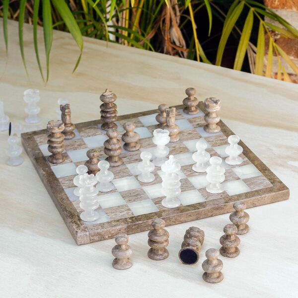 Mexican-Made Hand-Carved Ivory and Brown Marble Chess Set, 'Shore Strategy'