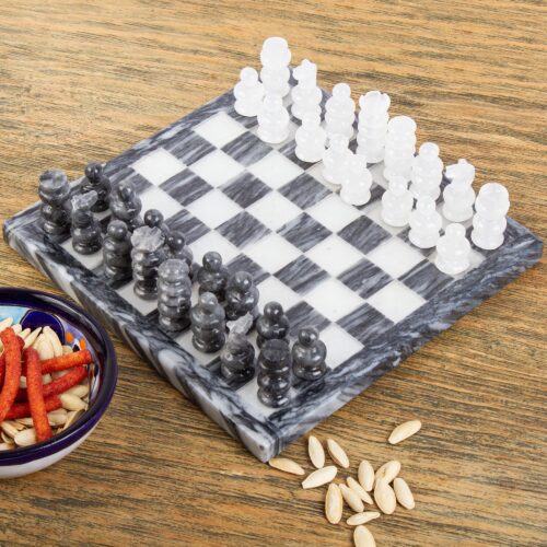 Mexican White Onyx and Charcoal Grey Marble Mini Chess Set, 'White and Ash'
