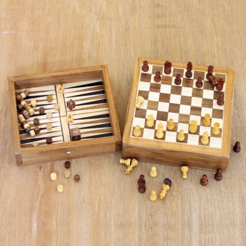 Mini Acacia Wood Chess and Backgammon Game Set, 'Double Trouble'