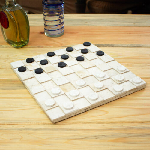 Minimalist Hand-Carved Black and White Marble Checker Set, 'Minimalist Battle'