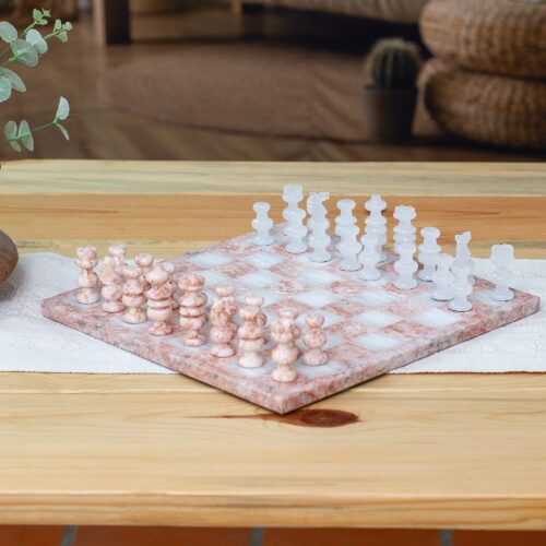 Modern Hand-Carved White Onyx and Pink Marble Chess Set, 'Riveting Challenge'