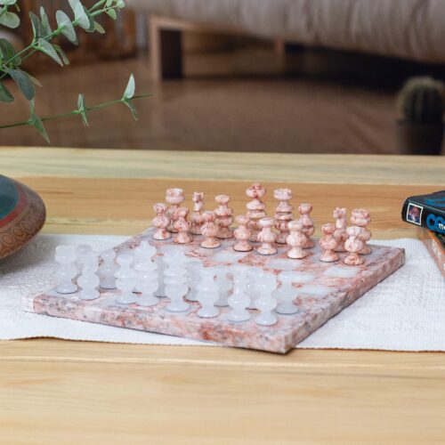 Modern Onyx and Marble Chess Set Carved by Hand in Mexico, 'Exhilarating Challenge'