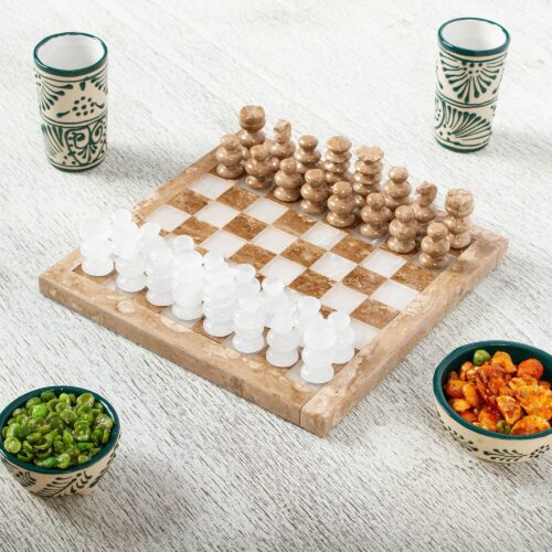 Onyx and Marble Chess Set in Brown and White (7.5 in.), 'Brown and White Challenge'